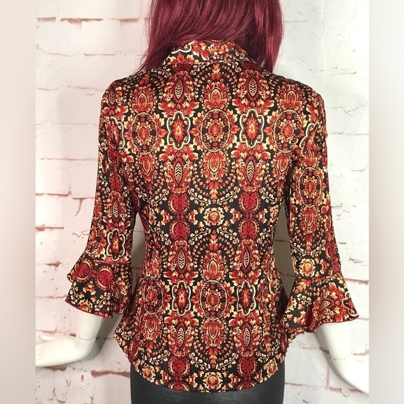 ESSENTIALS By MILANO Pleated S 3/4 Bell Sleeve Rust Cream Black Print Blouse - Picture 5 of 13